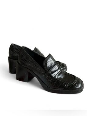 ZARA Black Snake Skin Chunky Block Heel Platform Penny Loafers EU 41